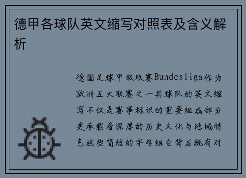 德甲各球队英文缩写对照表及含义解析