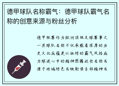 德甲球队名称霸气：德甲球队霸气名称的创意来源与粉丝分析