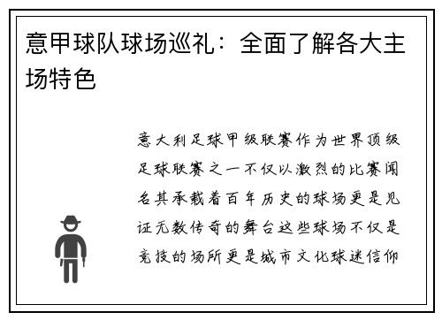 意甲球队球场巡礼：全面了解各大主场特色